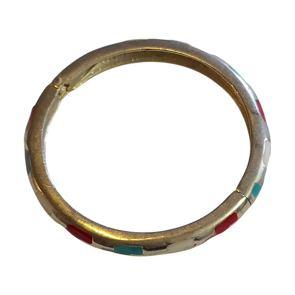 Vintage Silver Tone Hinged Enamel Bracelet Aztec Pattern
